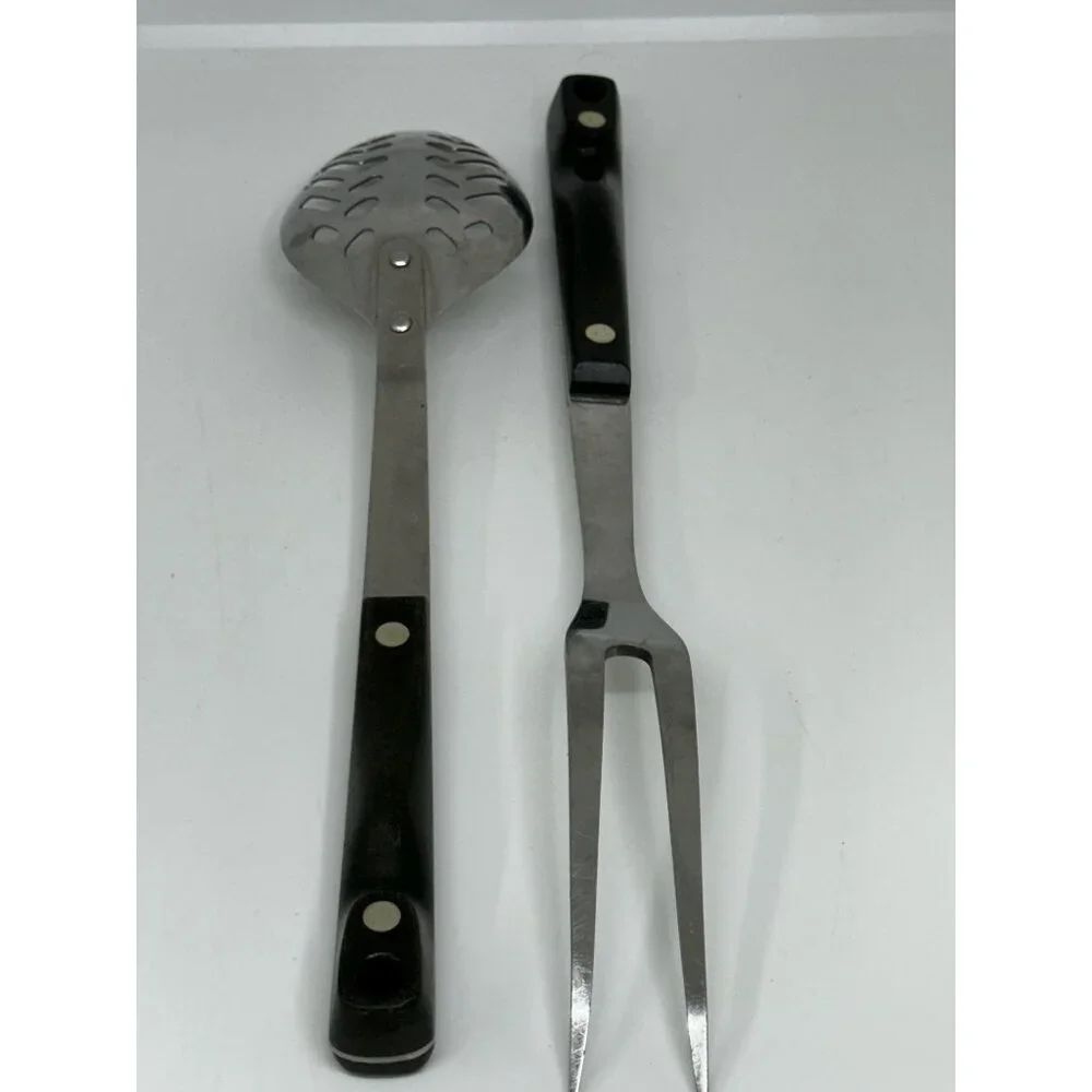 VTG Stainless Carving Set 2 Meat‎ Fork & Slotted Spoon Black Handle 12
